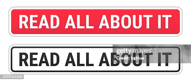 read all about it - red and black labels on white background - about us stock illustrations