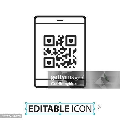 Tablet PC with QR code - Line editable icon on white background Tablet PC with QR code - Line editable icon on white background