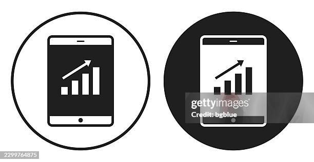 growing chart on tablet. round icon - black and white circle button - using ipad white background stock illustrations