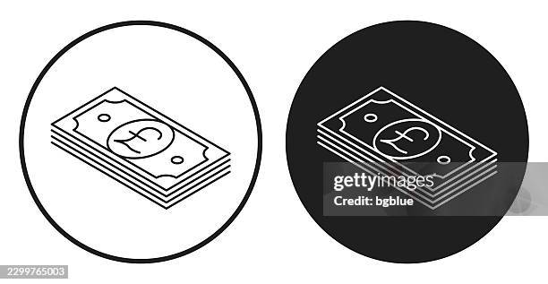 isometric pound banknotes. round icon - black and white circle button - pound note stock illustrations
