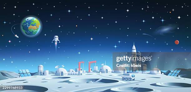 futuristic moon base colony with earth view- vector background - asteroid mining stock illustrations