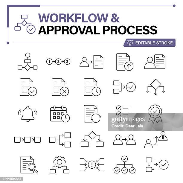 workflow & approval process editable stroke line icon set – task review, decisions, status tracking, automation and completion - business process workflow stock illustrations