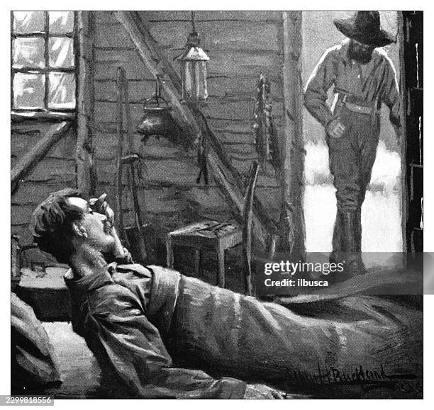 rustic interior with reclining and standing men - rustic door stock illustrations