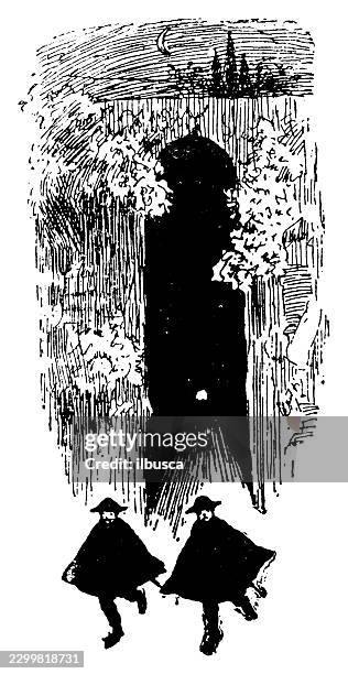two figures walking towards a dark structure at night - night vision stock illustrations