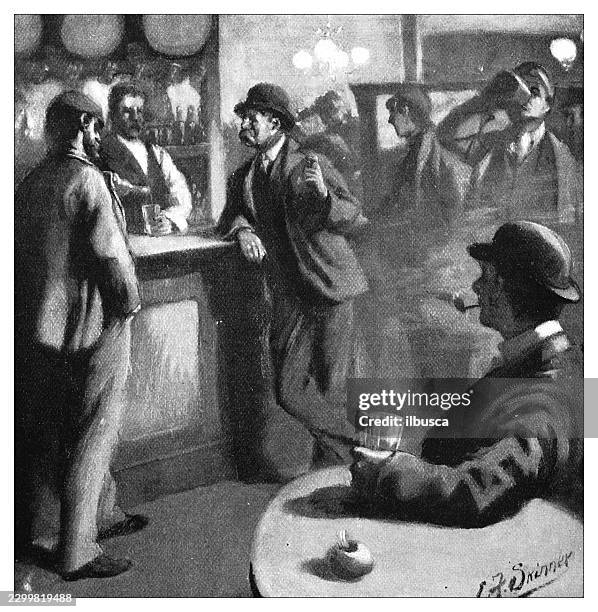 pub interior scene with bartender and patrons - bartender stock illustrations