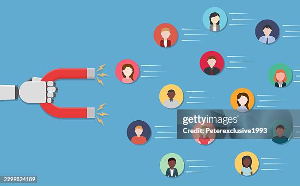 a robotic hand represents artificial intelligence holding magnet people and customers - data retention stock illustrations