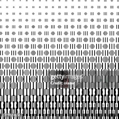 Black vertical stripes and dots form a dense geometric pattern that gradually grows larger and darker toward the bottom over a white background. Black vertical stripes and dots form a dense geometric pattern that gradually grows larger and darker toward the bottom over a white background.