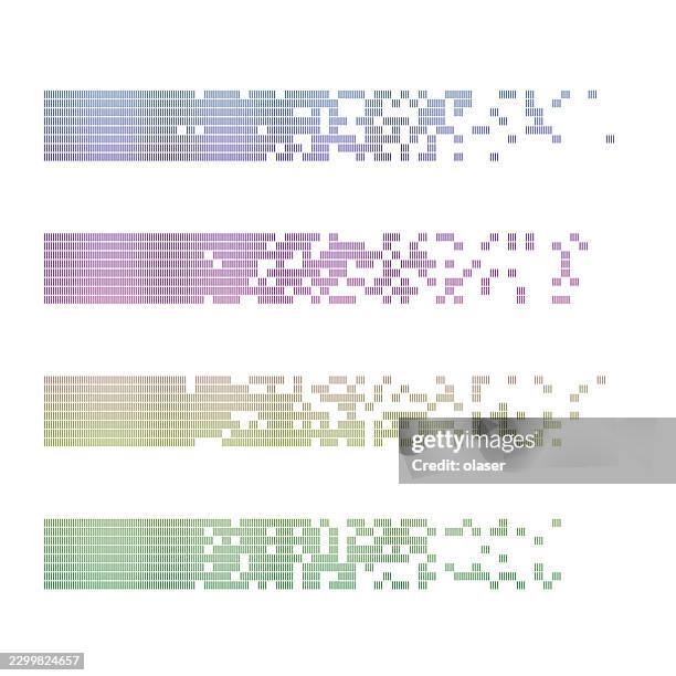 rows of tiny pastel pixel-like rectangles form four horizontal bands on a white background, creating a clean minimal design with scattered fragments and soft blue, pink, beige, and green tones. - color blocking stock illustrations