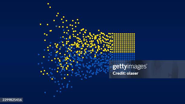 yellow and blue square particles form a flag-like rectangular shape on a dark blue background, with scattered points trailing outward to the left in a digital-style composition. - special effects stock illustrations