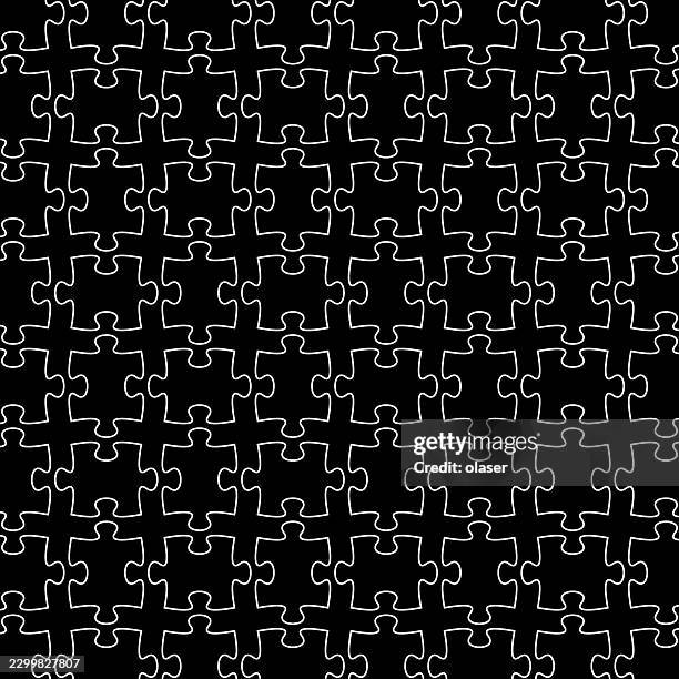 white outlined jigsaw puzzle pieces repeat across a solid black background, forming a seamless pattern with high contrast, simple geometry, and a clean graphic look. - seamless maze pattern stock illustrations