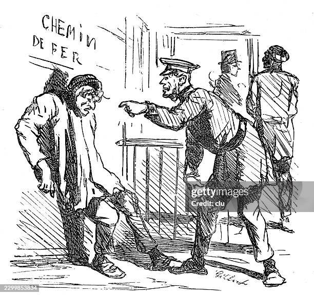 railway official driving an elderly drunken beggar away from the station — a uniformed railway employee wearing a peaked cap angrily points at a poorly dressed, stooped old man, ordering him to leave while two men stand in the background - eviction stock illustrations