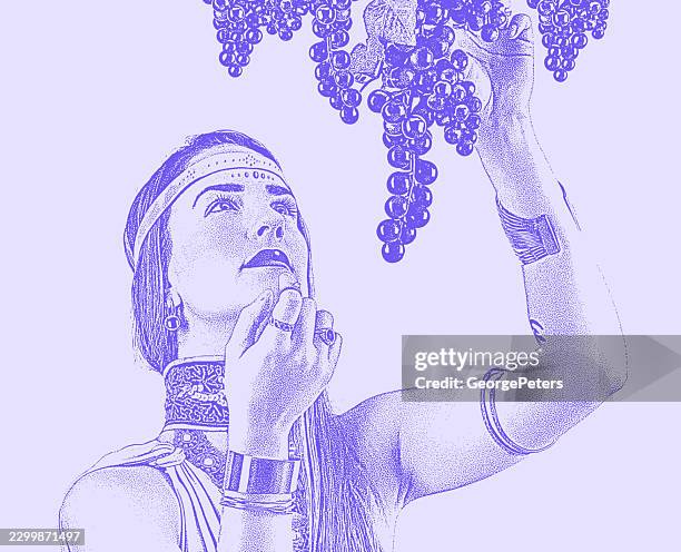 classical woman picking and eating grapes in vineyard - grape harvest stock illustrations
