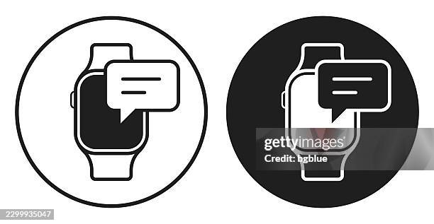 smartwatch with speech bubble. round icon - black and white circle button - two connected circles stock illustrations