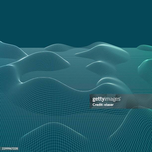 teal wireframe waves rise and fall across a smooth digital landscape, with glowing contours and a dark blue background creating a futuristic sense of depth and motion. - website wireframes stock illustrations