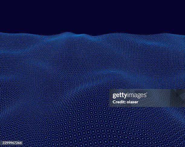 a dark blue digital surface of repeating circular dots forms rolling wave-like hills under a smooth deep navy background, creating a futuristic, textured landscape. - digital twin stock illustrations