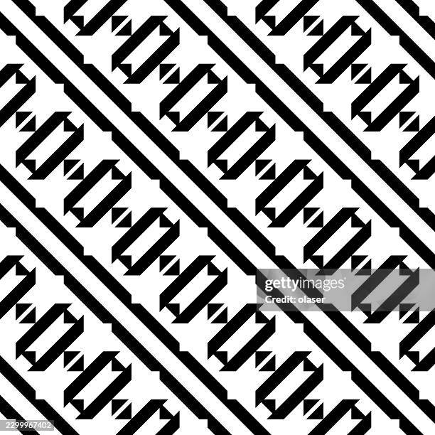 black and white diagonal stripe pattern with repeating geometric shapes, creating a bold, high-contrast surface design. - dance rhythm stock illustrations
