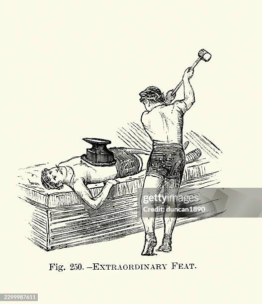 history, science, mass absorption and force dissipation, circus sledgehammer and anvil act, classic feats of physics and physical endurance from victorian circus, vintage illustration 19th century 1880s - sledgehammer stock illustrations