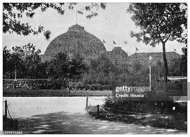 view of domed building from wooded island pathway - garden path stock illustrations