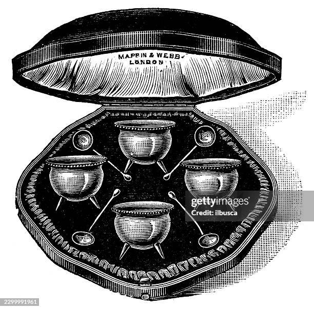 sterling silver salt cellars and spoons in morocco case - cellar stock illustrations