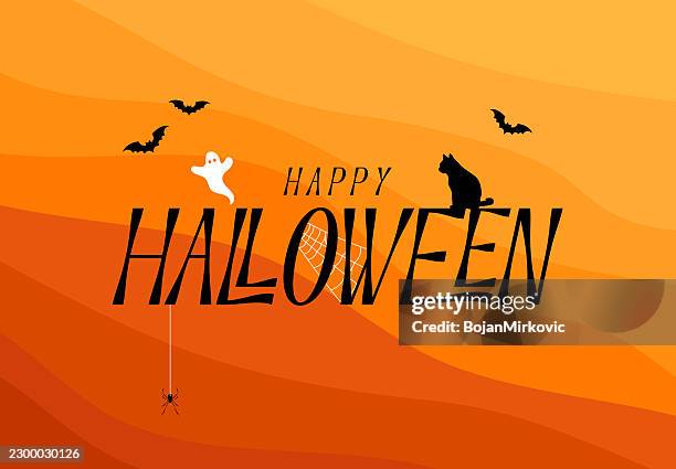 happy halloween background, poster with spider, cat, ghost and flying bats. vector - black thread stock illustrations
