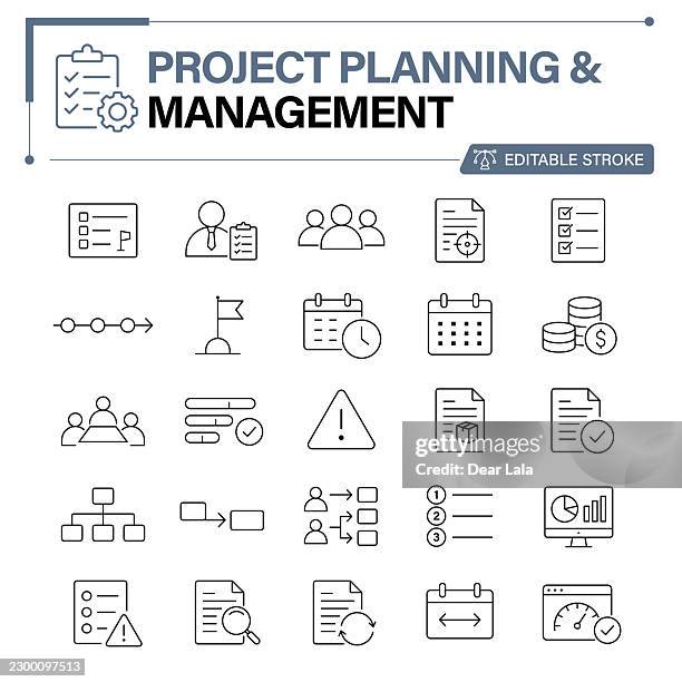 project management editable stroke line icon set – project planning, timeline, task list, budget and progress - network weakness stock illustrations