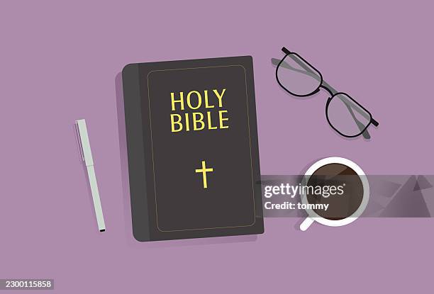 holy bible book on the table - bible study stock illustrations