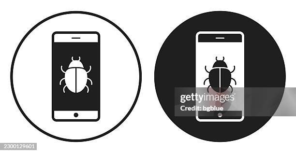 smartphone with bug. round icon - black and white circle button - ransomware stock illustrations