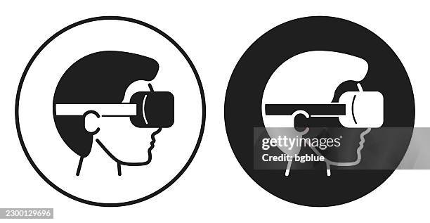 man with virtual reality headset. round icon - black and white circle button - man vr headset stock illustrations