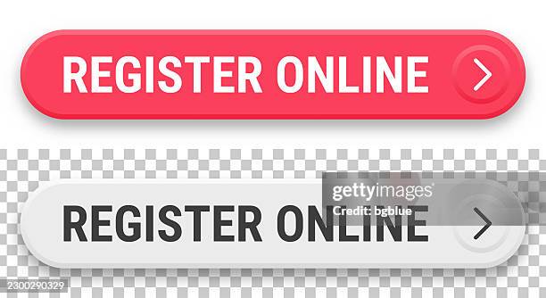 register online - 3d click web buttons on blank background - red register button stock illustrations