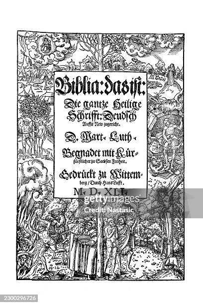 historic title page plate features ornate typographic german blackletter text framed by intricate biblical woodcut scenes, including creation, adam and eve, and crucifixion motifs - johannes gutenberg stock illustrations