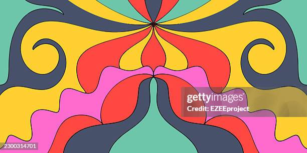retro psychedelic symmetrical pattern. groovy 70s wavy abstract background. colorful hippie swirl design, mirrored flame shapes wallpaper. vibrant kaleidoscope vintage artwork, trippy fluid texture - flame pattern stock illustrations