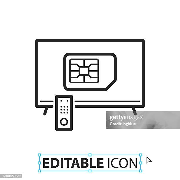 tv with sim card - line editable icon on white background - looking at computer screen close up stock illustrations