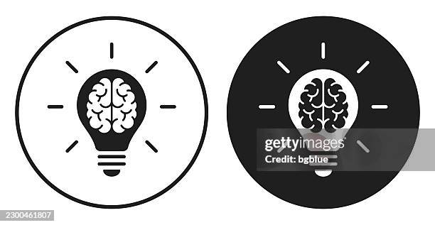 brain inside light bulb. round icon - black and white circle button - brain icon solid stock illustrations