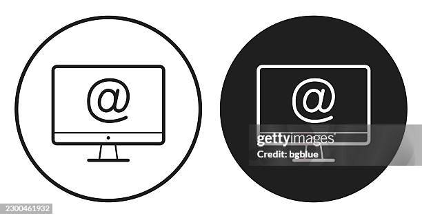 desktop computer with at symbol. round icon - black and white circle button - computer send button stock illustrations