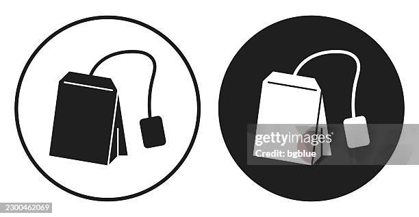 tea bag. round icon - black and white circle button - green tea white background stock illustrations