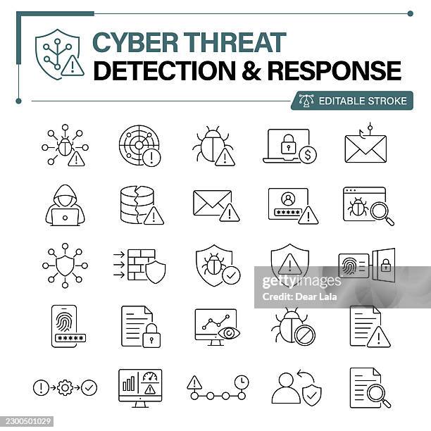 cyber threat editable stroke line icon set – threat detection, malware, phishing, network security and incident response - software vulnerability stock illustrations
