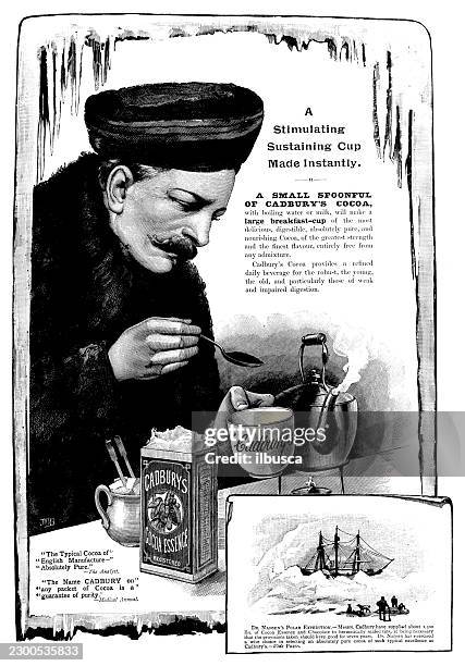 cadbury's cocoa advertisement featuring a man preparing a cup - box chocolates stock illustrations