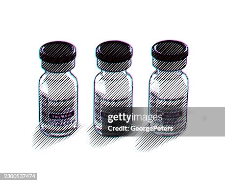 Three Single-Dose Medication Vials Scratchboard Vector Illustration and Glitch Technique Three Single-Dose Medication Vials Scratchboard Vector Illustration and Glitch Technique
