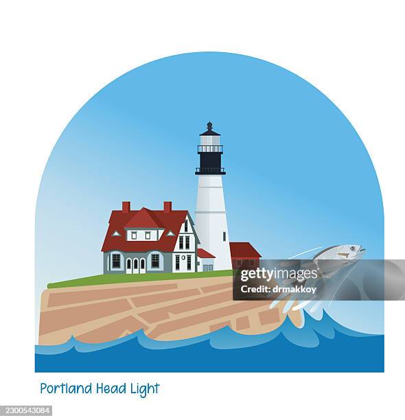 portland head light vector illustration - lighthouse beacon stock illustrations