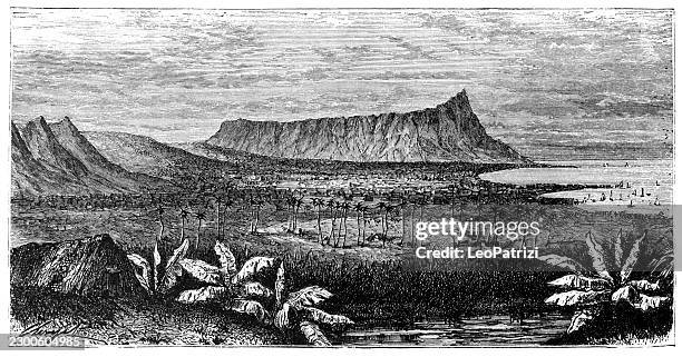hawaii's oahu coastline with diamond head - diamond head stock illustrations