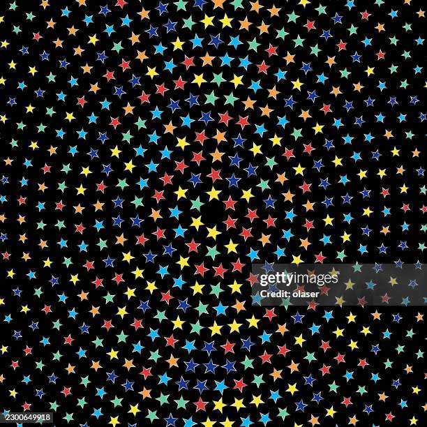 colorful five-point stars scattered across a black background create a playful, festive pattern with dense repetition and bright contrast. - star pattern background stock illustrations