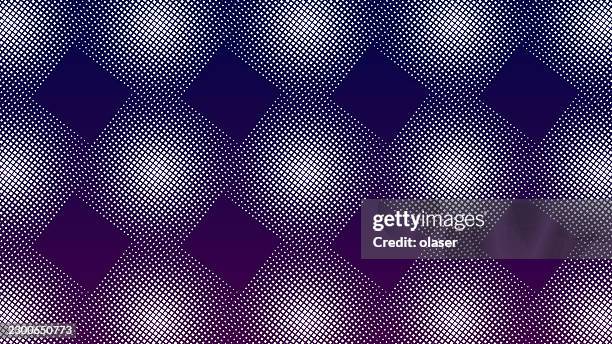 a seamless geometric pattern with a diamond grid of halftone dots transitioning from dark purple to light violet with soft glowing centers and a smooth textured surface. - african violet flower stock illustrations
