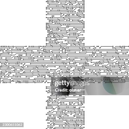Black circuit-style line pattern forms a large cross shape on a white background, with repeated horizontal traces and small circular nodes creating a technical, digital look. Black circuit-style line pattern forms a large cross shape on a white background, with repeated horizontal traces and small circular nodes creating a technical, digital look.