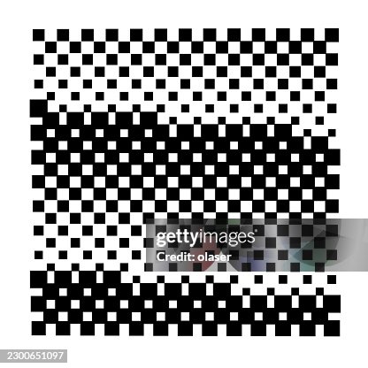 Black and white checkerboard pattern with staggered rows and a dense central band creating a woven optical effect. Black and white checkerboard pattern with staggered rows and a dense central band creating a woven optical effect.
