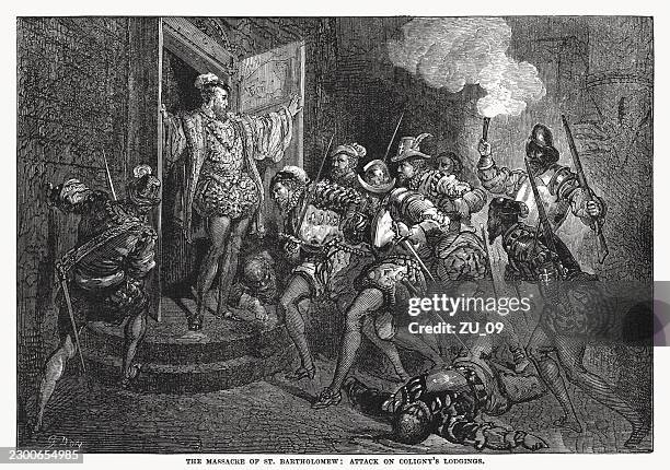 the massacre of st. bartolomew: attack on coligny's lodgings - confession stock illustrations