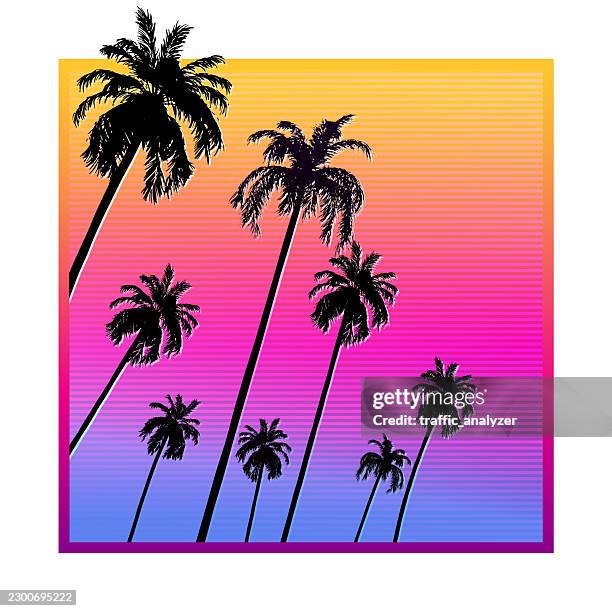 synthwave retro background - palm trees - sun flare trees stock illustrations