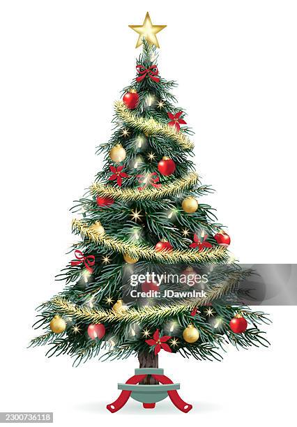 detailed pine christmas tree with decorations on white background - string lights isolated stock illustrations