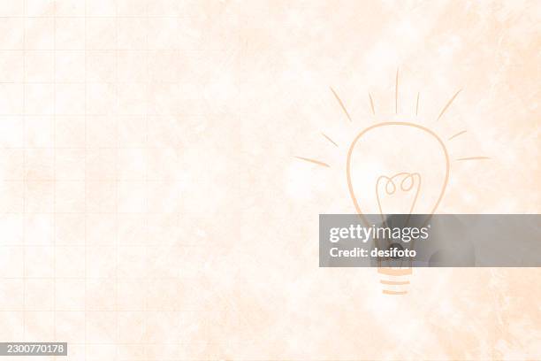 glowing lighted cute light bulb cartoon doodle drawing on old faded beige vector background with subtle checked notebook page design with copy space for innovation ideas discovery intelligence backdrops - edison light bulbs stock illustrations