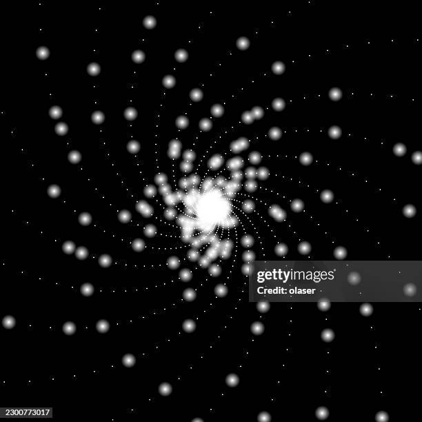 white glowing dots spiral outward from a bright central cluster on a black background, creating a starburst-like pattern with a sense of motion and depth. - linear accelerator stock illustrations