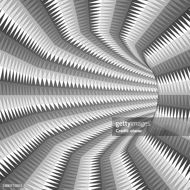 curving monochrome geometric pattern with repeating triangular facets forming a twisting tunnel-like wave across the image. - vortex tunnel stock illustrations
